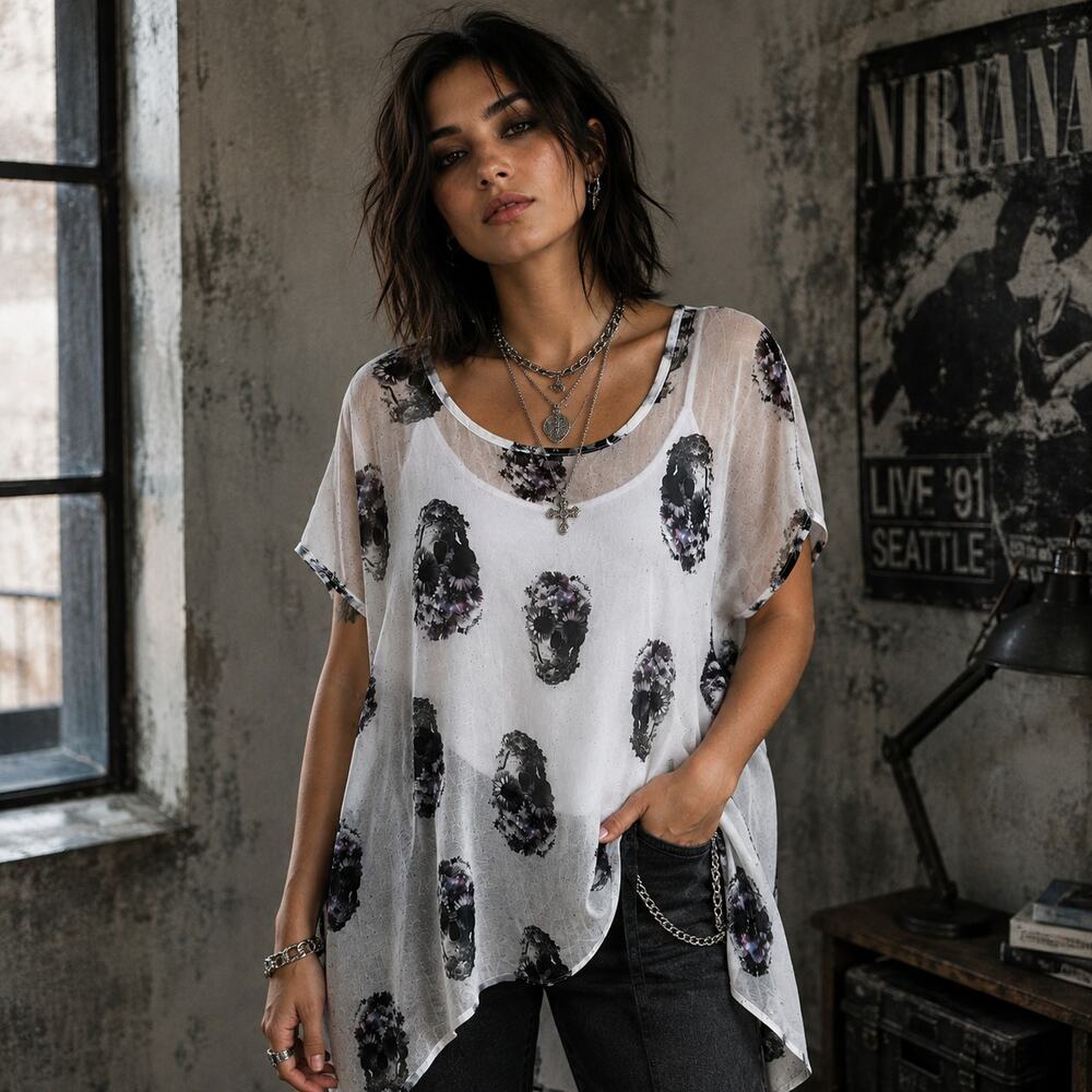 Hot Topic floral skull sheer blouse grunge goth spooky Small Halloween